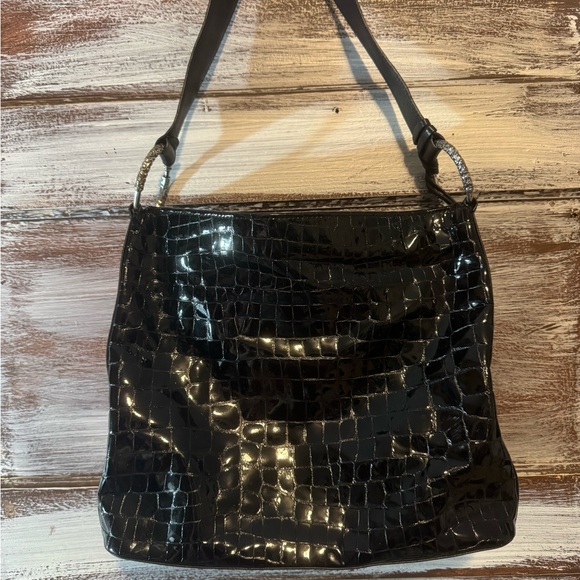 Brighton Shiny Black Crocodile-Pattern Shoulder Bag - Picture 1 of 7